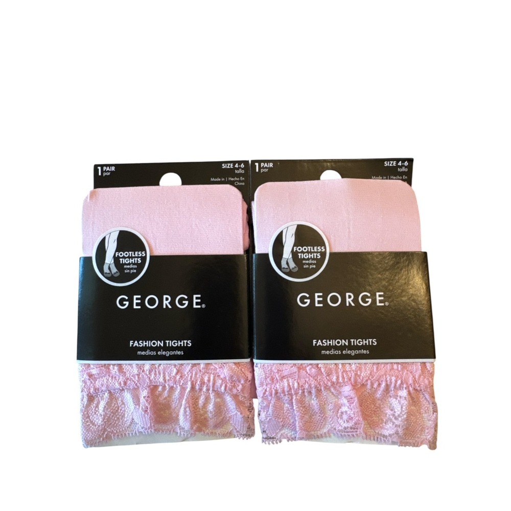 George Girls Footless 2-Pair Fashion Tights 4-6 Pastel Pink Lace Cuff GT185 NWT